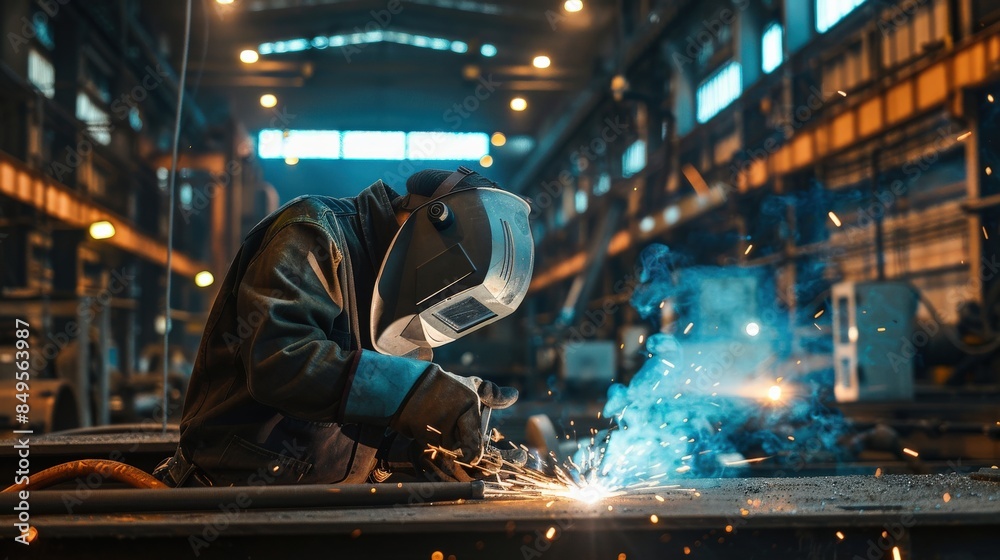 A man in a protective suit is working on a piece of machinery. Concept of danger and risk, as the man is surrounded by sparks and debris A man in a protective suit is working on a piece of machinery. Concept of danger and risk, as the man is surrounded by sparks and debris