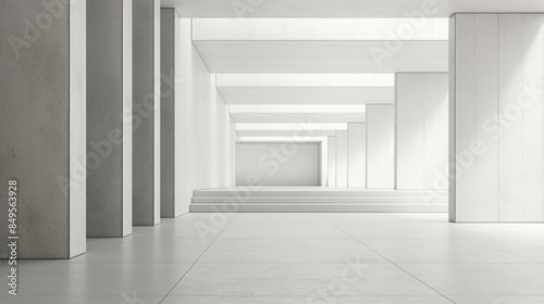 Spacious minimalist interior with concrete columns and white walls in a symmetrical design.