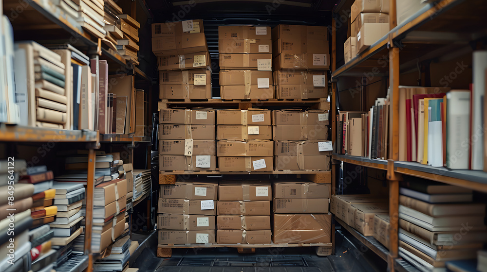 A truck is filled with boxes and is parked in a warehouse