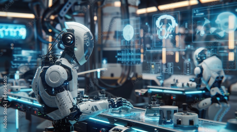 A robot is standing in a factory with other robots. The robot is white and has a red face. The factory is filled with robots and has a futuristic feel to it A robot is standing in a factory with other robots. The robot is white and has a red face. The factory is filled with robots and has a futuristic feel to it