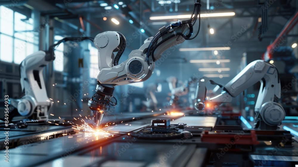A factory with robots working on a machine. Scene is industrial and futuristic A factory with robots working on a machine. Scene is industrial and futuristic