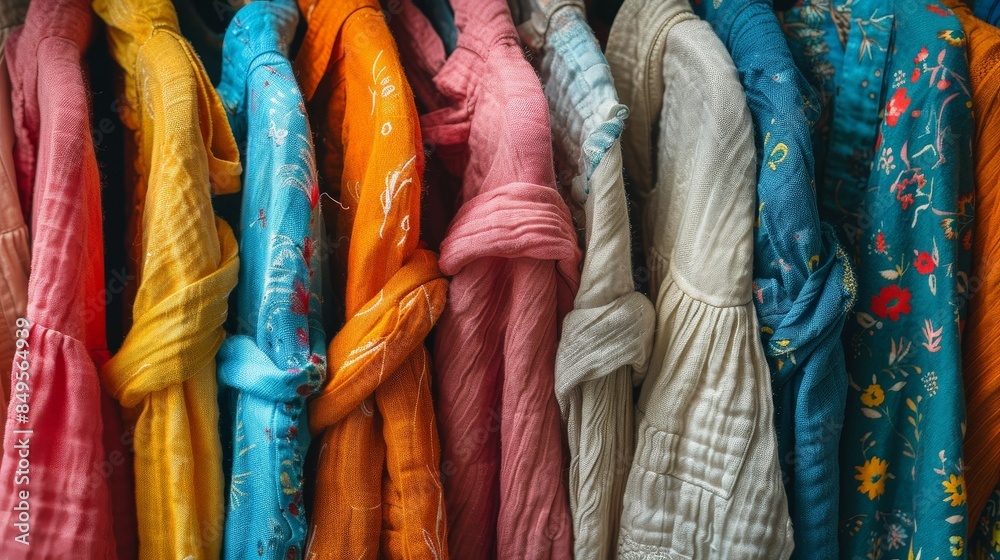 A close-up view of colorful clothing hanging on a rack, showcasing a variety of textures and patterns