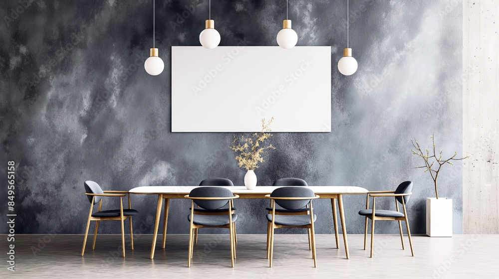 Minimalist dining room with blue chairs, wooden table, and elegant pendant lights.