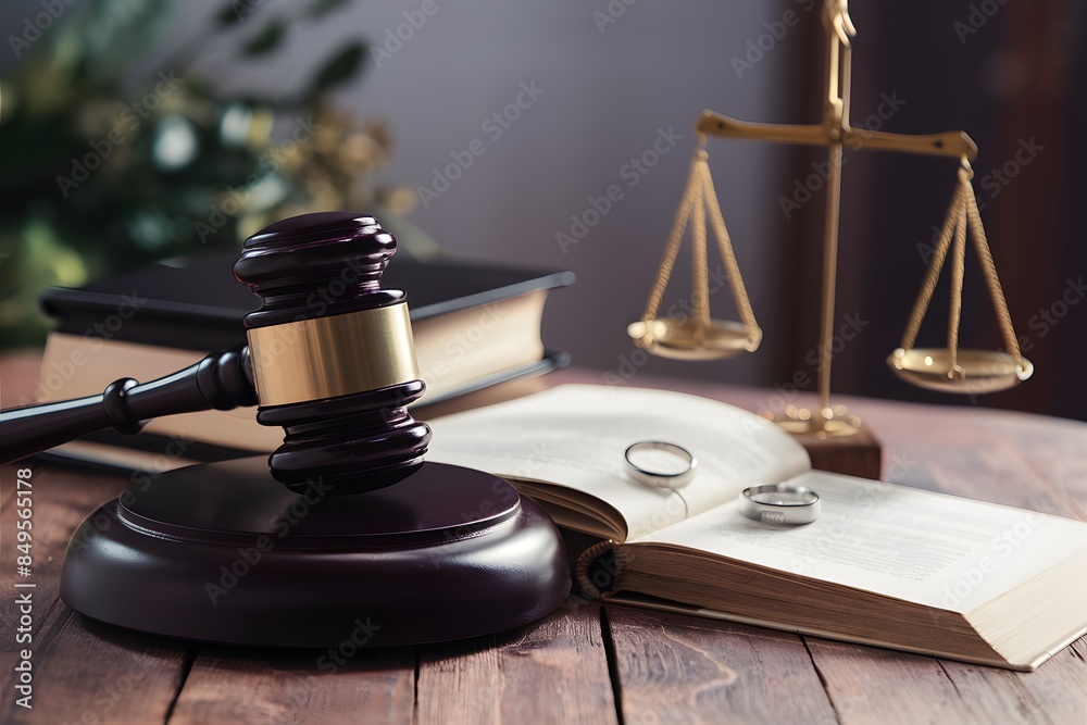 Symbolic composition of gavel, wedding rings, scales on table, representing law, marriage, justice Symbolic composition of gavel, wedding rings, scales on table, representing law, marriage, justice