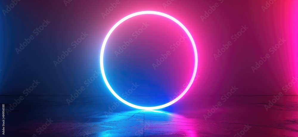 Neon circle. Blue and pink neon light round frame. Glowing ring with copy space