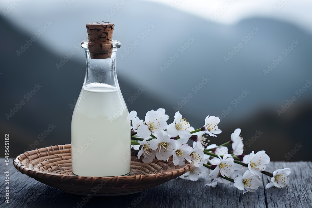Tall glass bottle with white liquid, corked, on woven dish with delicate flowers Tranquil landscape Tall glass bottle with white liquid, corked, on woven dish with delicate flowers Tranquil landscape