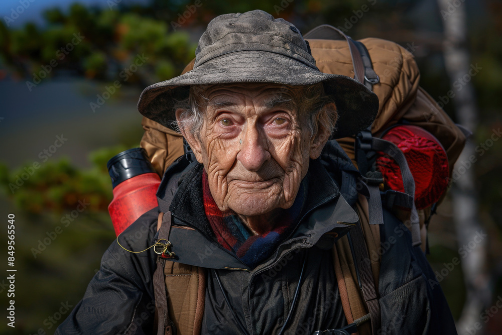 Active Senior Hiker with Backpack in Forest at Daytime Active Senior Hiker with Backpack in Forest at Daytime