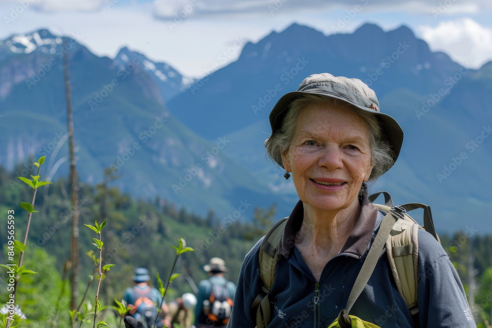 Active Senior Woman Hiking in Mountain Landscape, Daytime Active Senior Woman Hiking in Mountain Landscape, Daytime