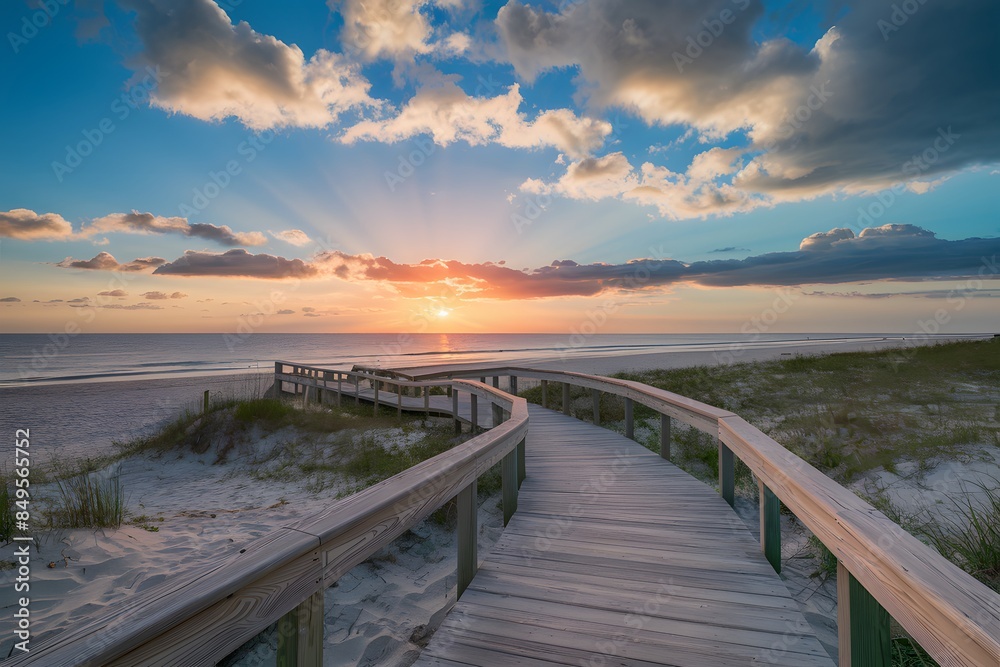 Tranquil beach at sunset with wooden boardwalk, golden ocean, blue sky Tranquil beach at sunset with wooden boardwalk, golden ocean, blue sky