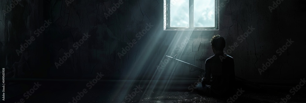 Alone in a dark room, a person is lit by a single beam of sunlight. Shadows partially hide their face, evoking isolation and sadness. Generative AI Alone in a dark room, a person is lit by a single beam of sunlight. Shadows partially hide their face, evoking isolation and sadness. Generative AI