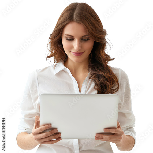 woman holding laptop computer typing on keyboard