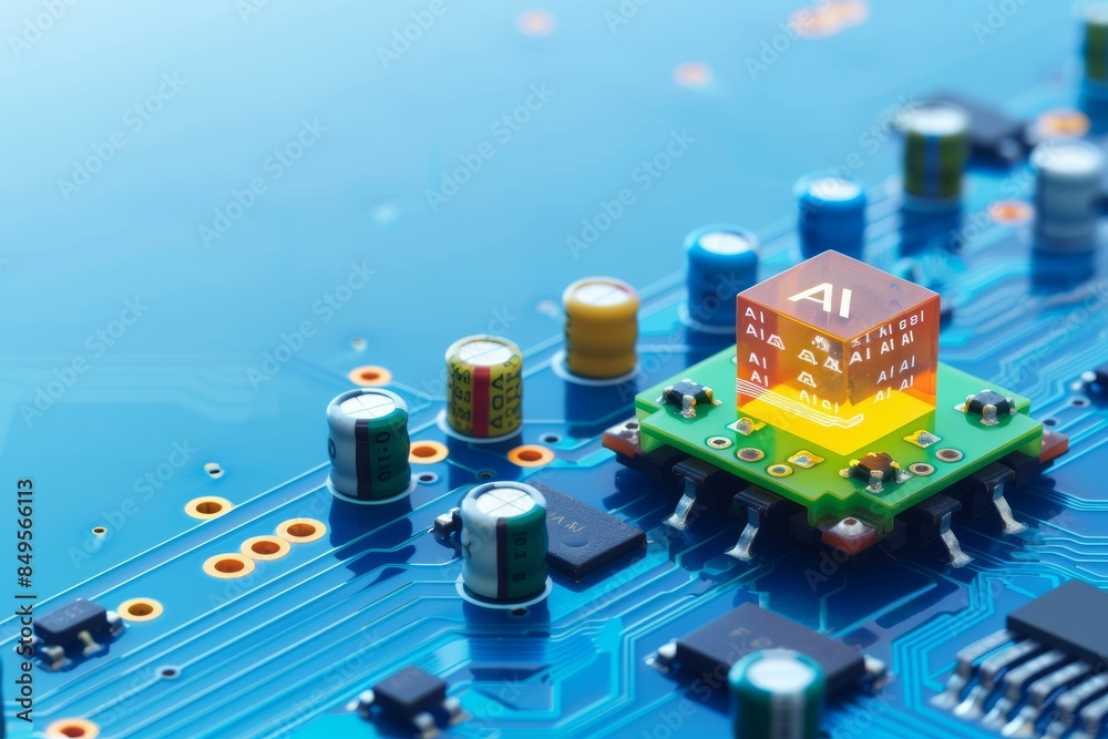 Cutting edge AI technology showcased on a vibrant motherboard, highlighting the fusion of circuitry and machine learning capabilities. Cutting edge AI technology showcased on a vibrant motherboard, highlighting the fusion of circuitry and machine learning capabilities.