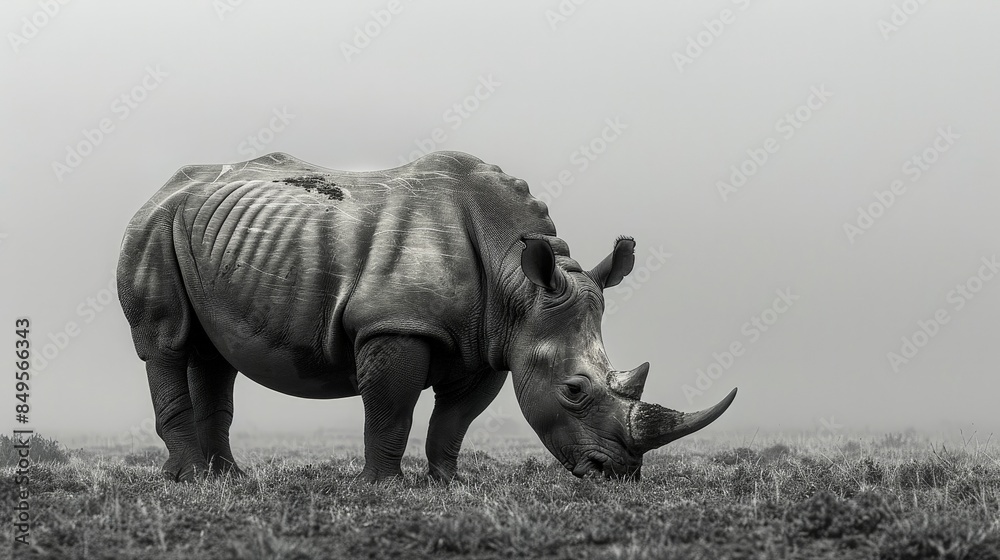 Fototapeta premium A black and white image of a white rhino grazing on the lush grasses of the South African savanna, enveloped in a thick mist