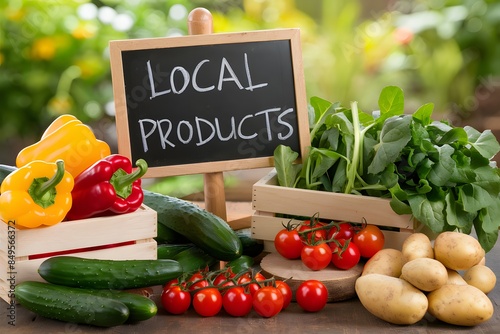 Colorful market display with fresh produce under a Local products sign