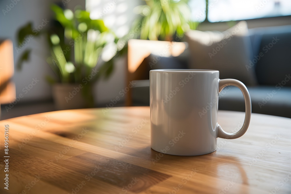 White mug on table in modern living space with cozy corner ambiance White mug on table in modern living space with cozy corner ambiance