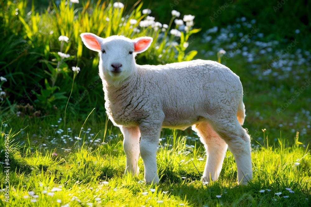 Young lamb in sunlit meadow, glowing woolly coat, surrounded by green grass and white flowers Young lamb in sunlit meadow, glowing woolly coat, surrounded by green grass and white flowers