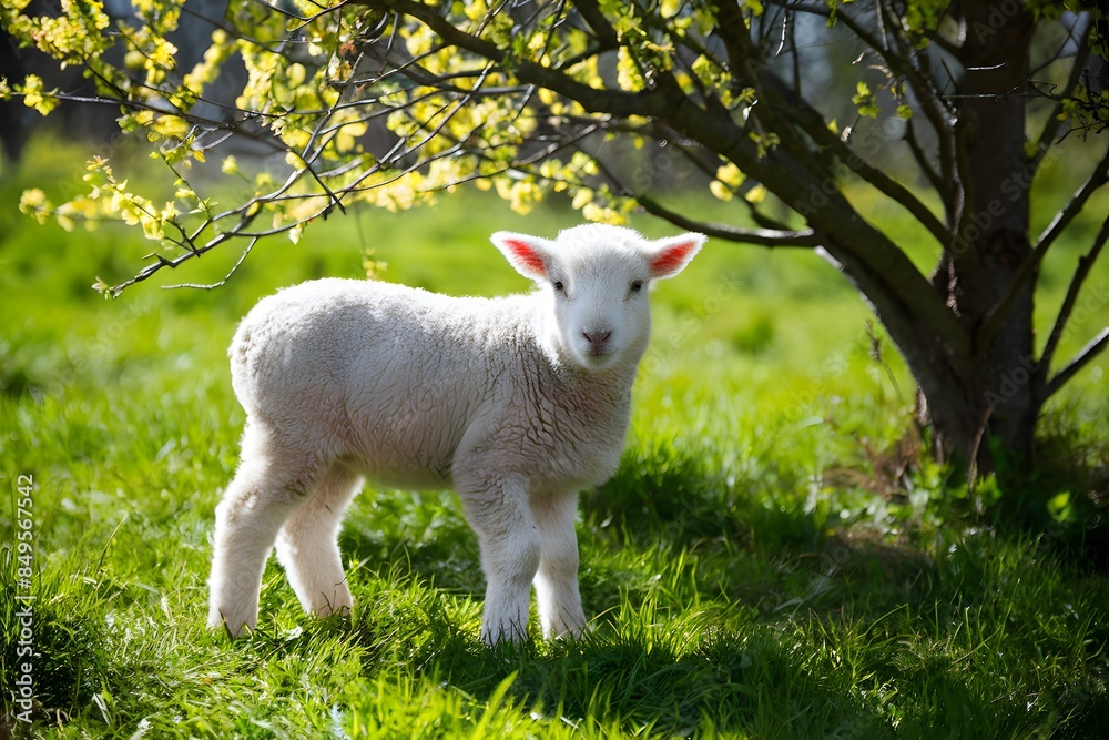 Obraz premium Young lamb in fluffy white coat stands in green meadow under blossoming tree