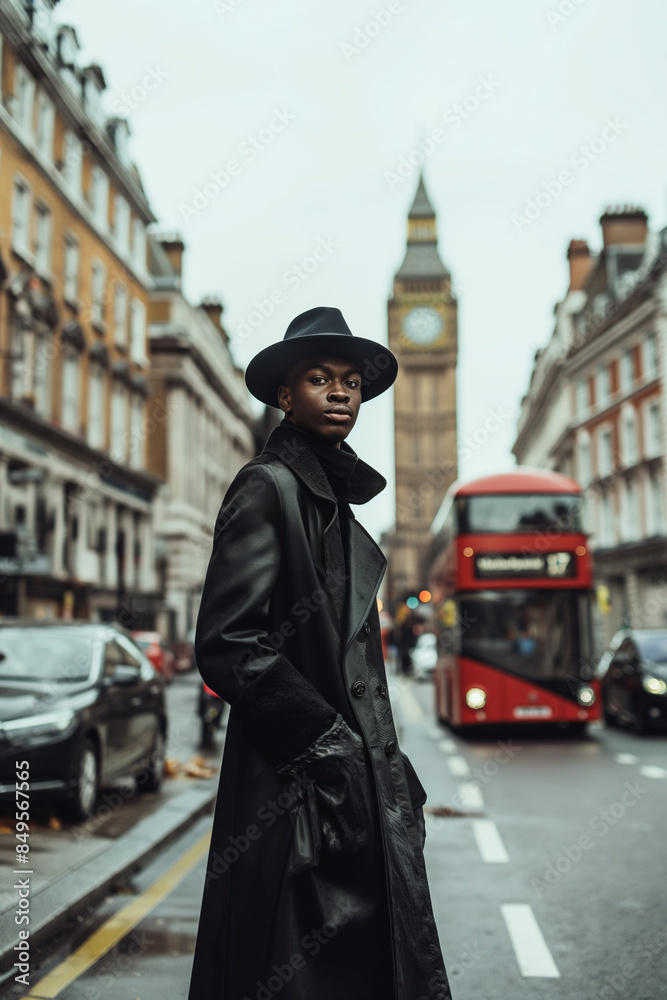 Fototapeta premium A man in a black coat and hat stands confidently on a rainy London street, with Big Ben and a red double-decker bus in the background