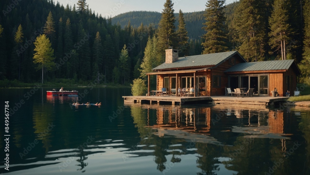 Naklejka premium serene lakeside cabin with a family enjoying a barbecue and swimming in the lake