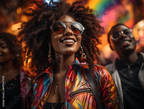 Friends enjoy a vibrant festival evening downtown