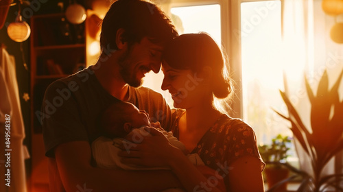 Warmly lit portrait of a couple adoring their newborn baby at home.