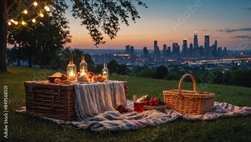 romantic summer evening picnic in a park with fairy lights and a view of the city skyline