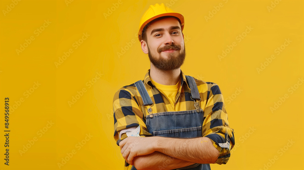 Handsome smiling handyman looking at the camera, isolated yellow background Handsome smiling handyman looking at the camera, isolated yellow background