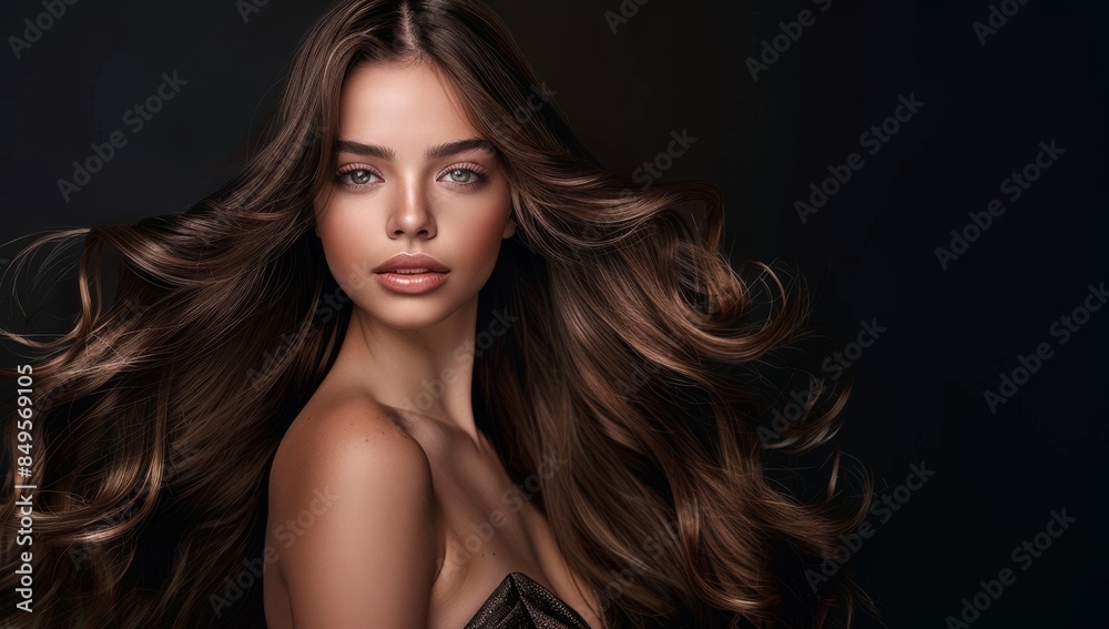 A beautiful woman with long flowing hair posing for the camera, showcasing her perfectly styled and healthy hair against a dark background. used as a hair salon ad banner or hair brand advertisement. A beautiful woman with long flowing hair posing for the camera, showcasing her perfectly styled and healthy hair against a dark background. used as a hair salon ad banner or hair brand advertisement.