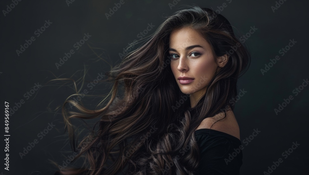 A beautiful woman with long flowing hair posing for the camera, showcasing her perfectly styled and healthy hair against a dark background. used as a hair salon ad banner or hair brand advertisement.
