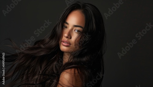 A beautiful woman with long flowing hair posing for the camera, showcasing her perfectly styled and healthy hair against a dark background. used as a hair salon ad banner or hair brand advertisement.