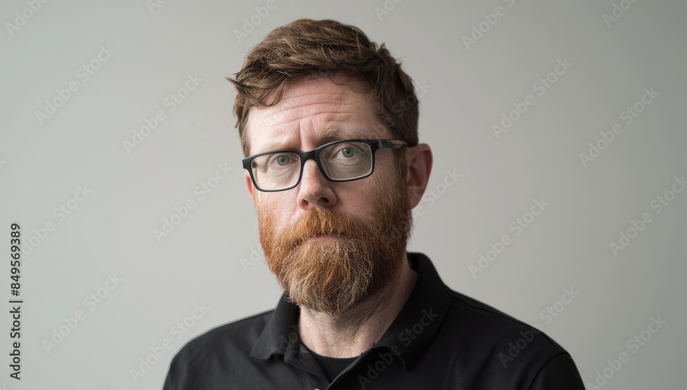 Man with beard and glasses wearing black polo shirt, neutral background Man with beard and glasses wearing black polo shirt, neutral background