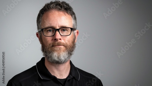 Man with beard and glasses wearing black polo shirt, neutral background