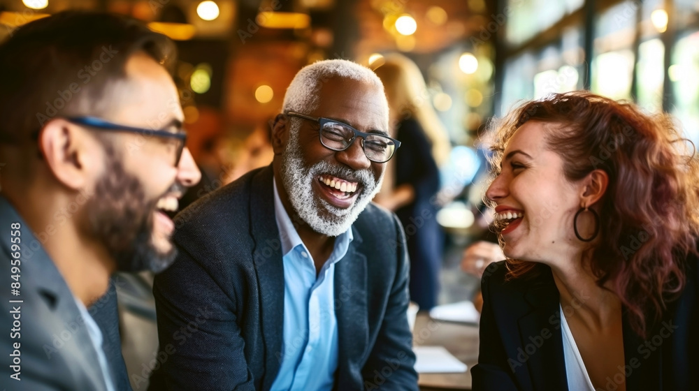 Joyful gathering of three adults laughing together in a cozy restaurant setting Joyful gathering of three adults laughing together in a cozy restaurant setting