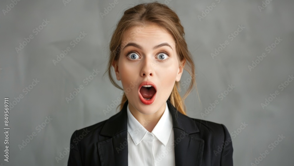a surprised young businesswoman in suit with messy hair and bangs on grey background, isolated a surprised young businesswoman in suit with messy hair and bangs on grey background, isolated