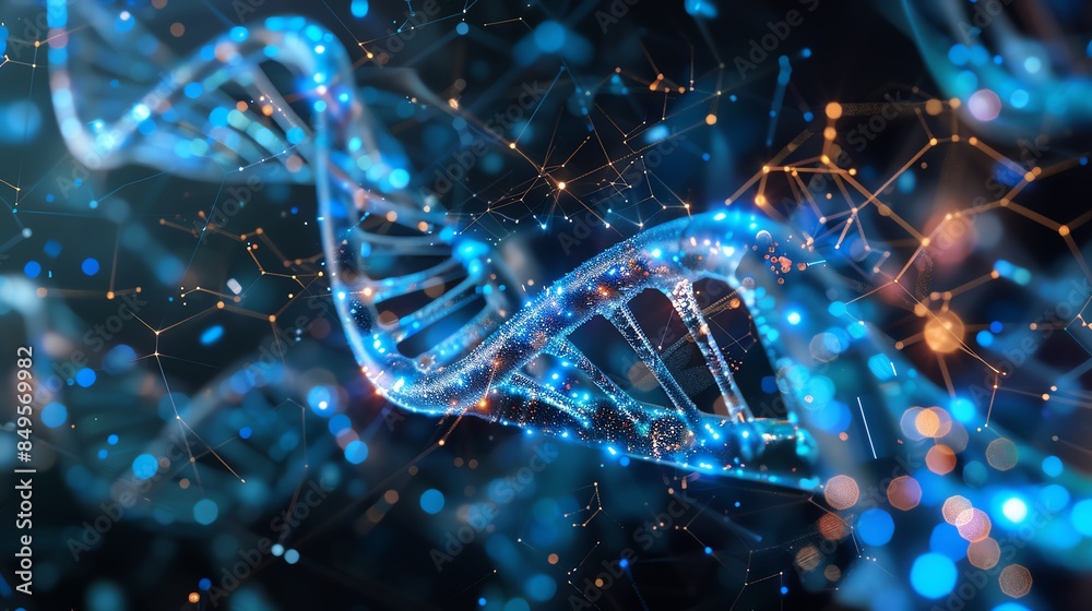 Abstract digital representation of DNA strands, showcasing intricate blue molecular structures against a dark background with glowing accents.
