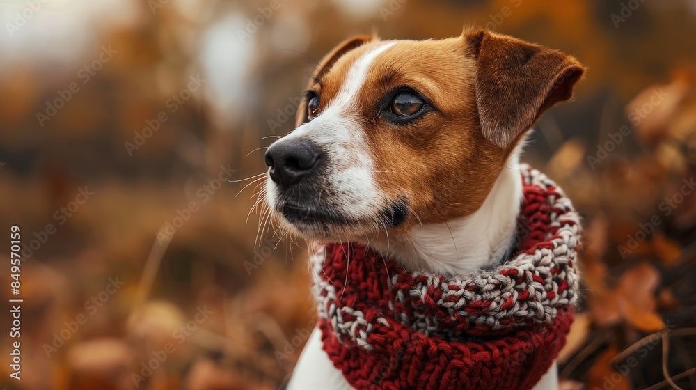A close-up portrait of a dog with brown and white fur wearing a red knit scarf, set against a background of autumn foliage