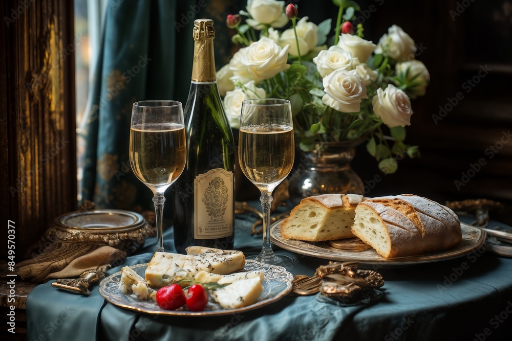 beautiful still life, cheese, bottle of champagne, two glasses, bread and flowers on a table in old house in village