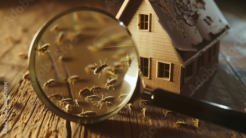 Close-up of a magnifying glass showing termites near a miniature house, highlighting the concept of pest infestation. photo