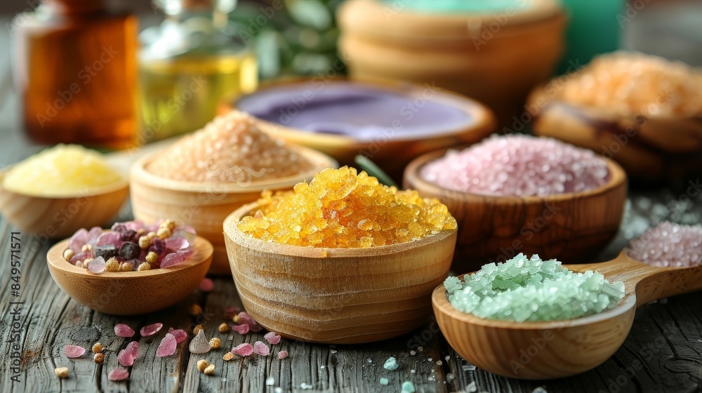 A close-up view of various bath salts in wooden bowls on a rustic wooden tabletop. The salts are a variety of colors, including pink, yellow, green, and white A close-up view of various bath salts in wooden bowls on a rustic wooden tabletop. The salts are a variety of colors, including pink, yellow, green, and white