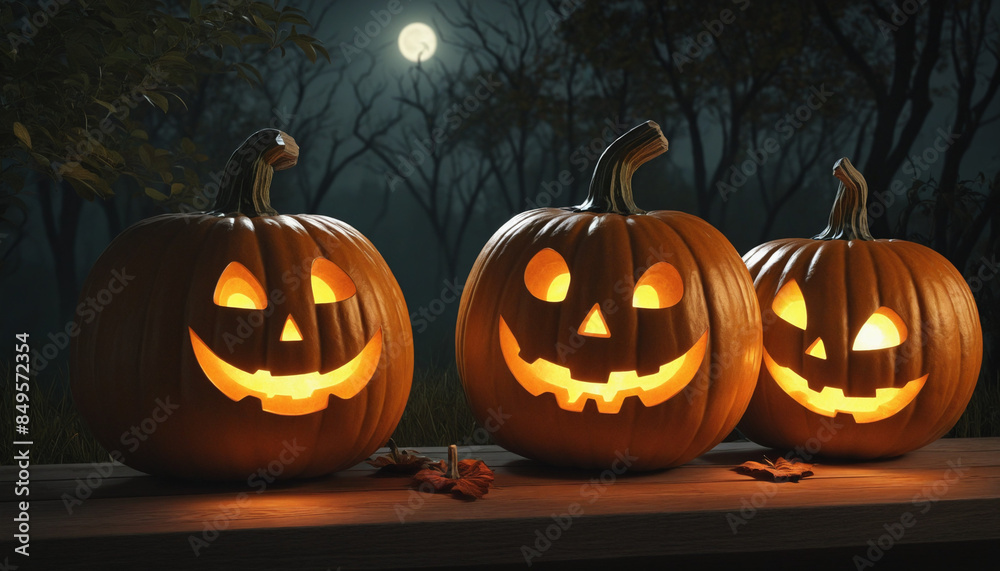 Three creepy jack-o'-lanterns glowing in the dark forest, surrounded by candlelight and mist, create a spooky Halloween scene Three creepy jack-o'-lanterns glowing in the dark forest, surrounded by candlelight and mist, create a spooky Halloween scene