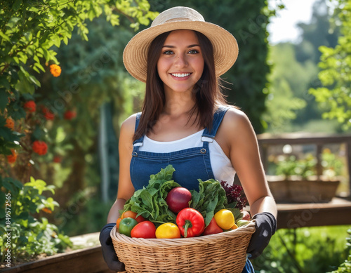 Satisfied woman in straw hat holding wicker basket with vegetables, rural scene on sunny day