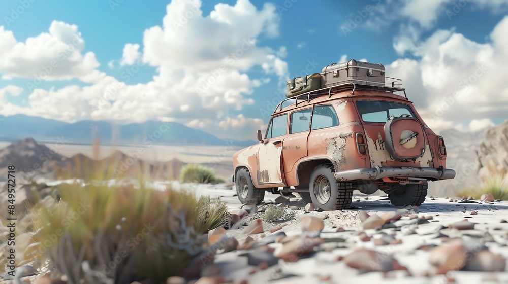 Obraz premium Vintage car packed for an adventure trip on a rocky path in a deserted landscape, surrounded by clouds and blue sky.