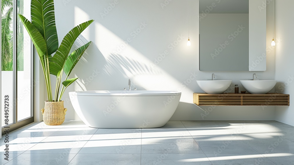 Fototapeta premium Modern bathroom with a standalone bathtub, double sinks, and a large tropical plant beside a window.