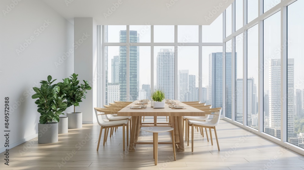 Modern dining room with large windows revealing city skyline, decorated with potted plants. Modern dining room with large windows revealing city skyline, decorated with potted plants.