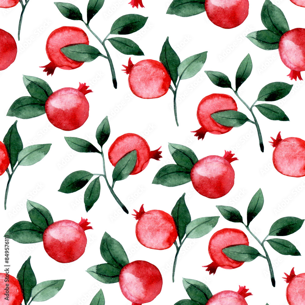 watercolor seamless pattern with pomegranates. print with ripe fruits and leaves watercolor seamless pattern with pomegranates. print with ripe fruits and leaves