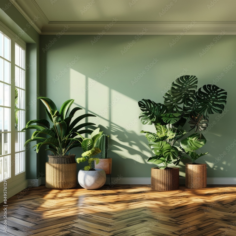 plants decorate the empty living room with green walls and a hardwood floor. Generative AI plants decorate the empty living room with green walls and a hardwood floor. Generative AI