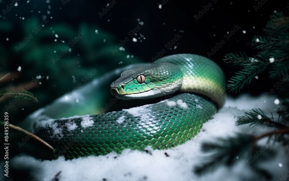 Fototapeta premium beautiful green snake crawling on snow, top view, christmas lights and fir tree branches nearby 