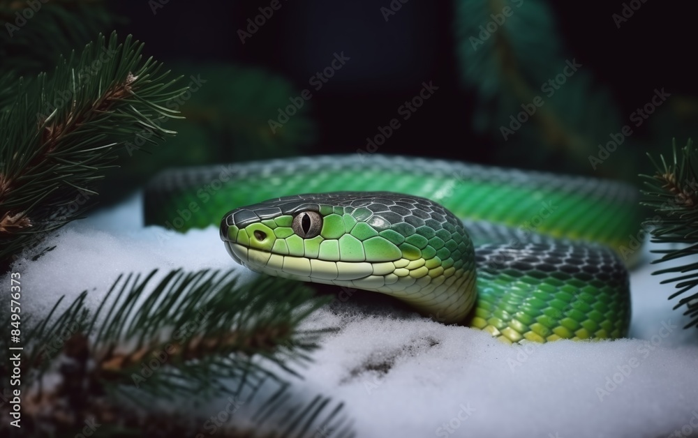 Fototapeta premium beautiful green snake crawling on snow, top view, christmas lights and fir tree branches nearby