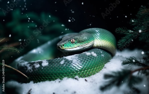 beautiful green snake crawling on snow, top view, christmas lights and fir tree branches nearby 