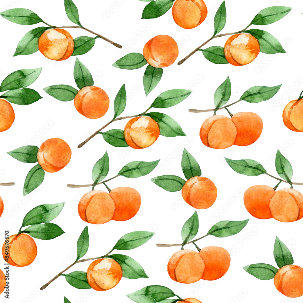 watercolor seamless pattern with peaches, apricots. print with ripe fruits and leaves watercolor seamless pattern with peaches, apricots. print with ripe fruits and leaves